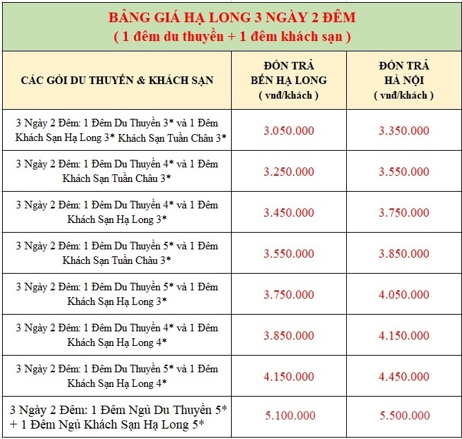 Hạ Long 3N2Đ ( 1 đêm dt + 1 đêm ks )